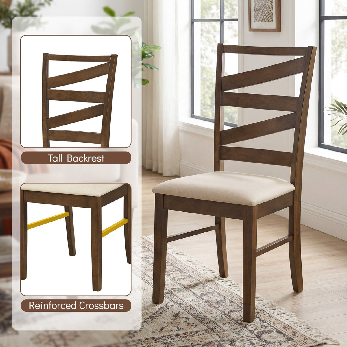 Dining Chairs Set of 2 with Backrests and Rubber Wood Frames