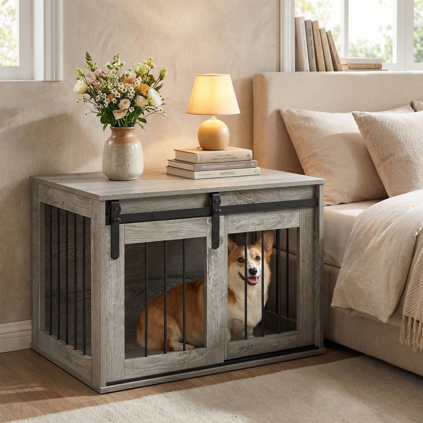 Dog Crate Furniture Heavy Duty Dog Kennel with Sliding Barn Door
