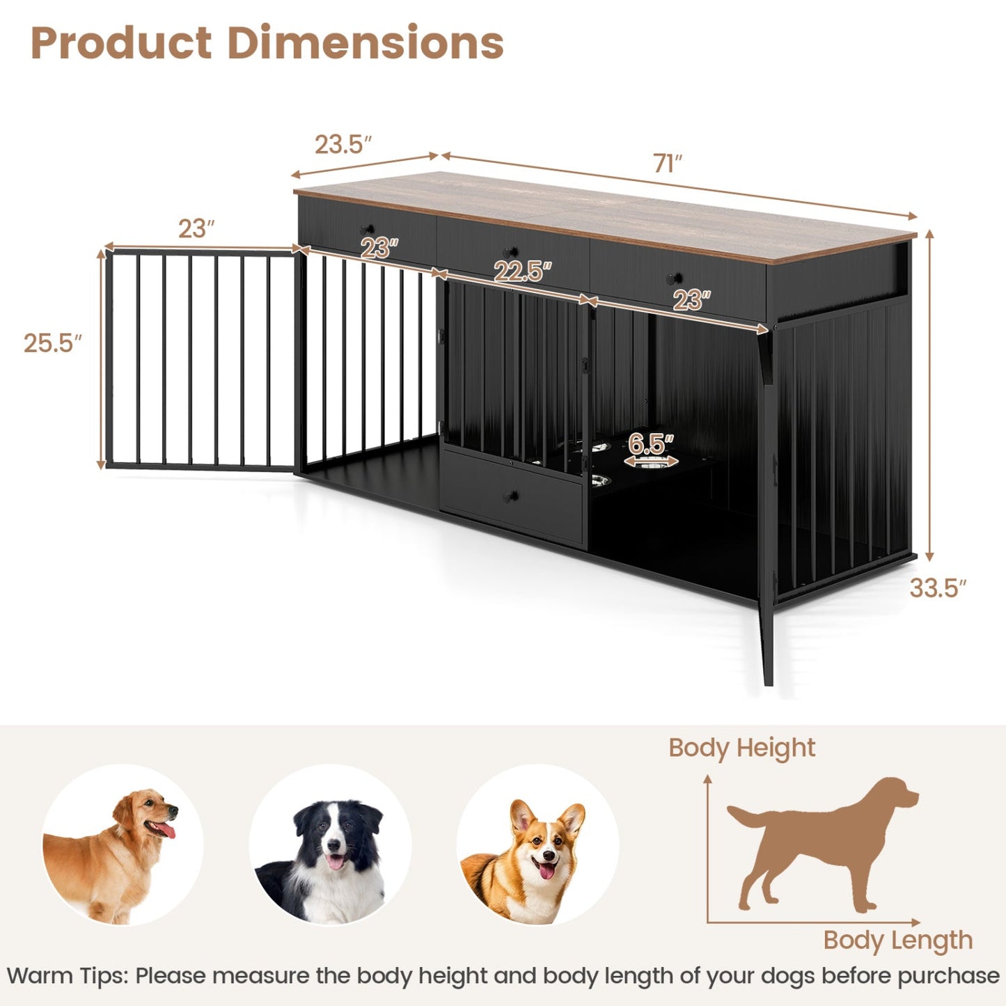 Dog Crate Furniture Indoor Modern Dog Kennel with Divider 3 Drawers and Pull-out Feeder