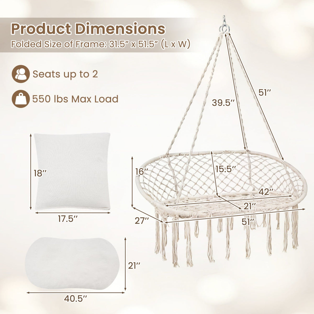 Double Swing Chair with Cushions Macrame Hanging Hammock Chair for Indoor and Outdoor Use