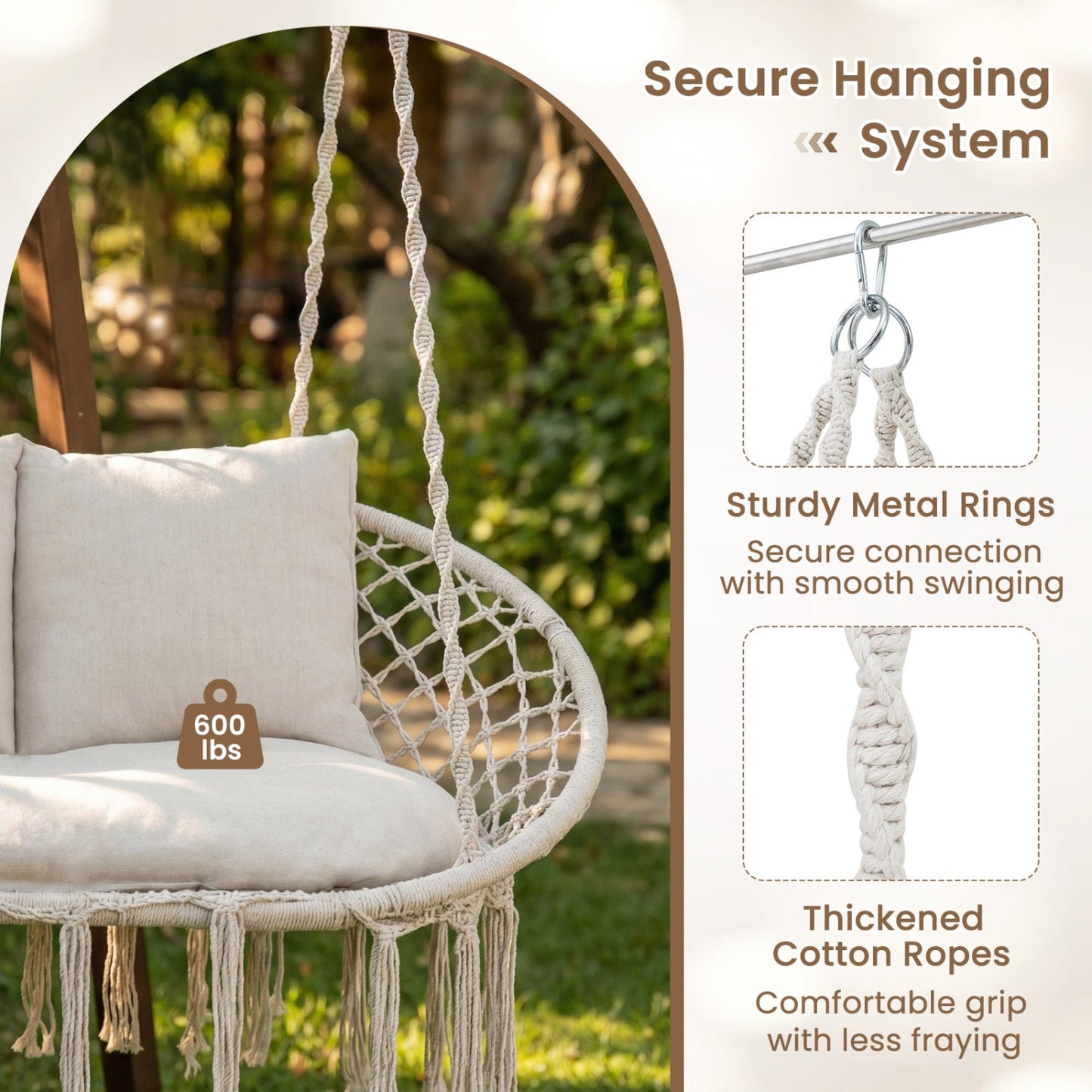 Double Swing Chair with Cushions Macrame Hanging Hammock Chair for Indoor and Outdoor Use