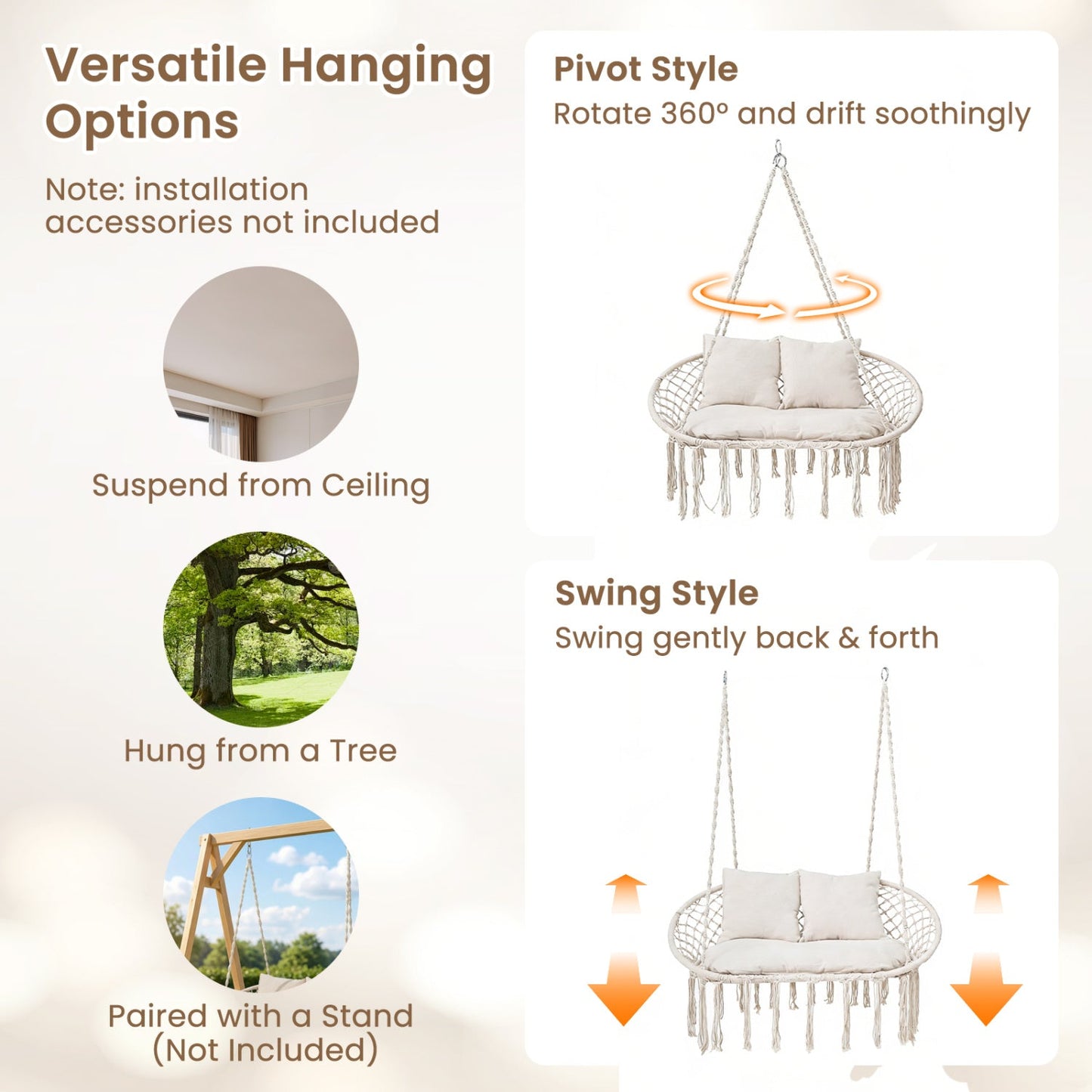 Double Swing Chair with Cushions Macrame Hanging Hammock Chair for Indoor and Outdoor Use