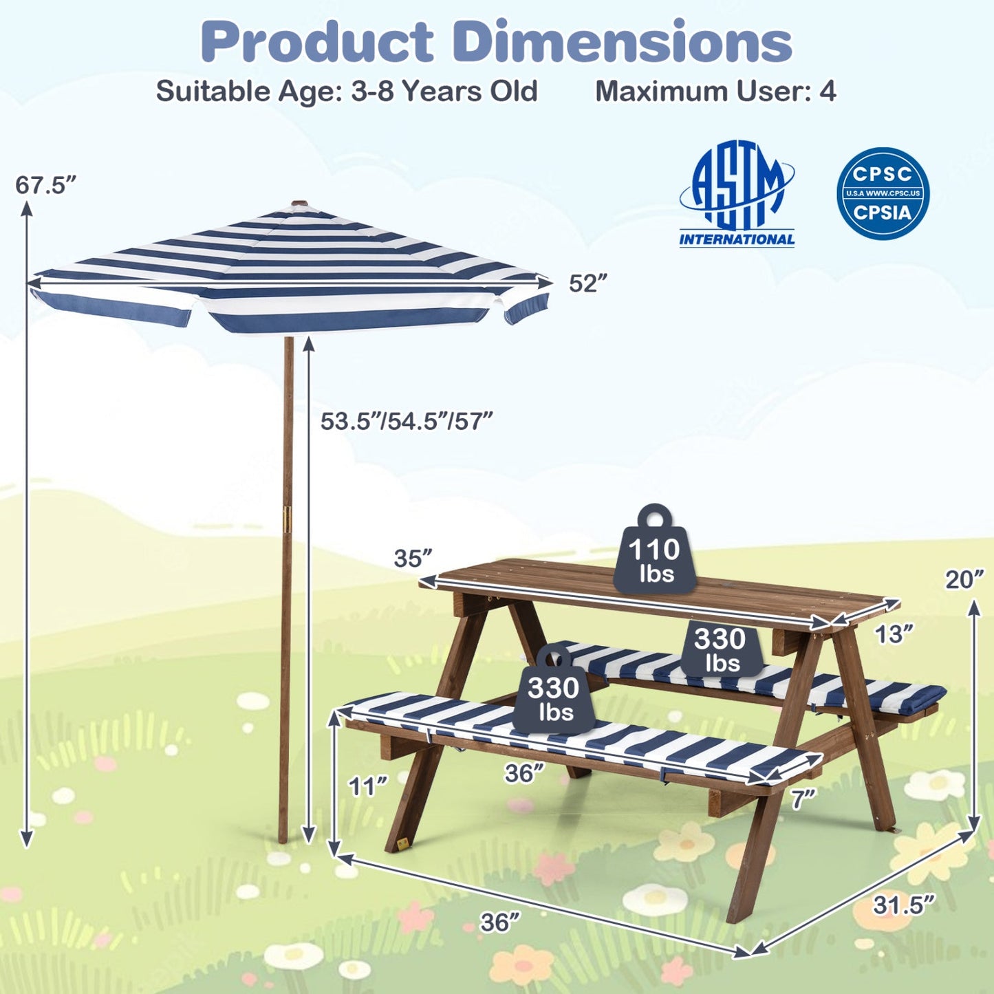 Fir Wood Kids Picnic Table with 2 Built-in Benches and Umbrella
