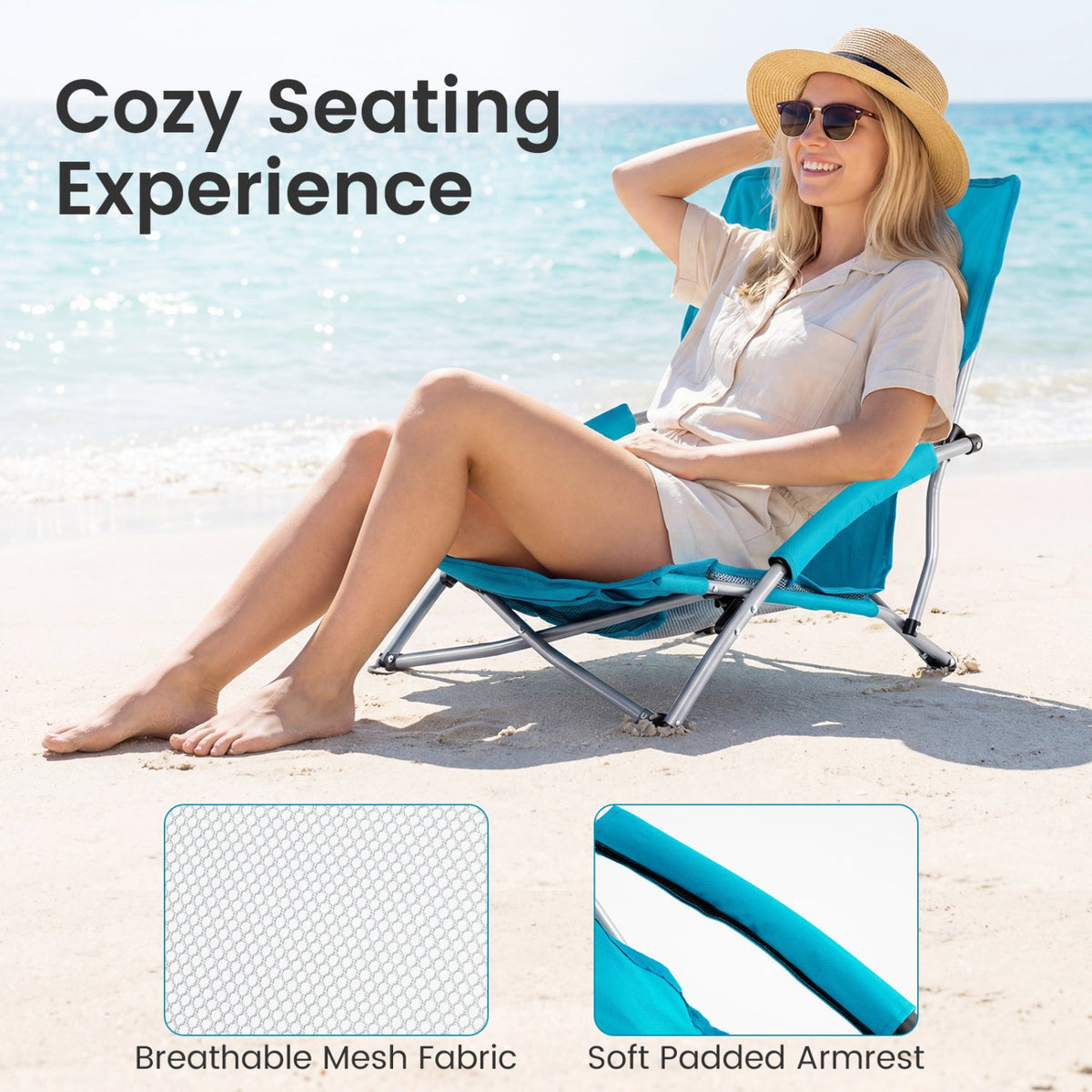 Folding Beach Chairs Set of 2 Portable Lightweight Low Seat Chairs with Padded Armrests