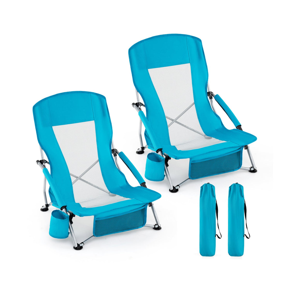 Folding Beach Chairs Set of 2 Portable Lightweight Low Seat Chairs with Padded Armrests