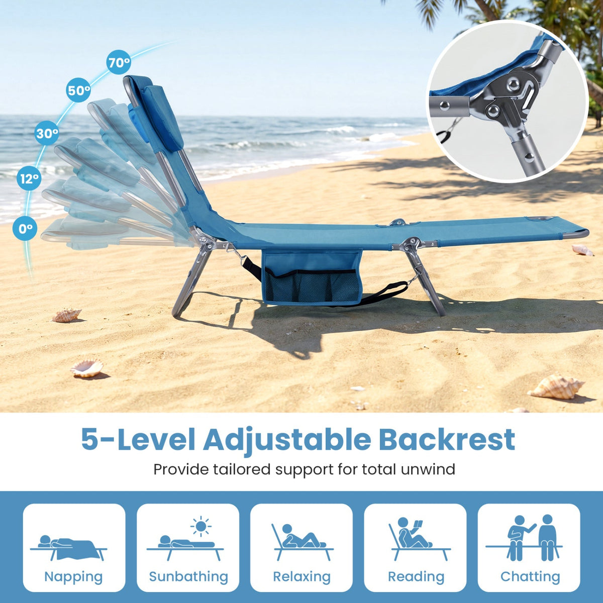 Folding Beach Lounge Chair with Adjustable Backrest for Lawn