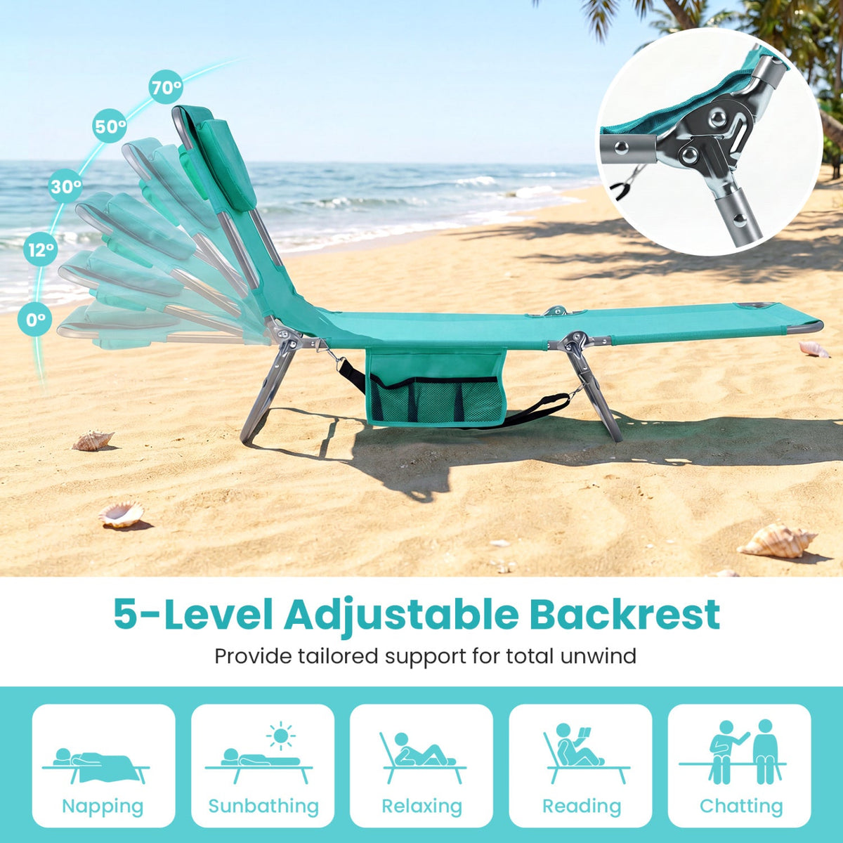 Folding Beach Lounge Chair with Adjustable Backrest for Lawn
