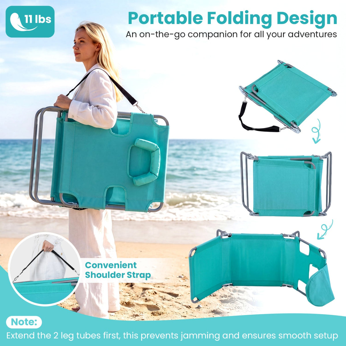Folding Beach Lounge Chair with Adjustable Backrest for Lawn