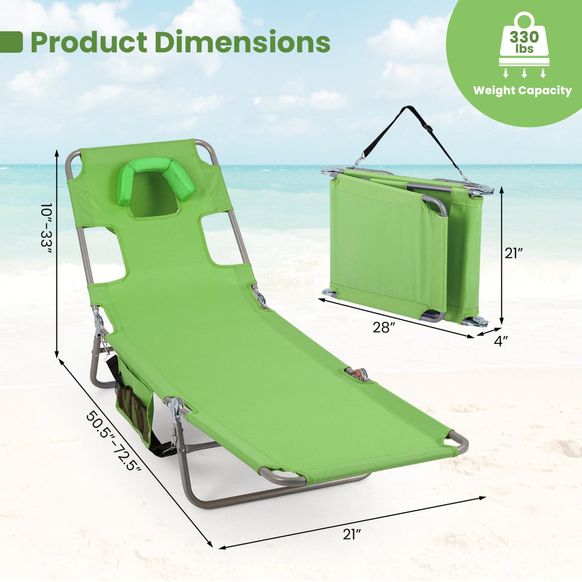Folding Beach Lounge Chair with Adjustable Backrest for Lawn
