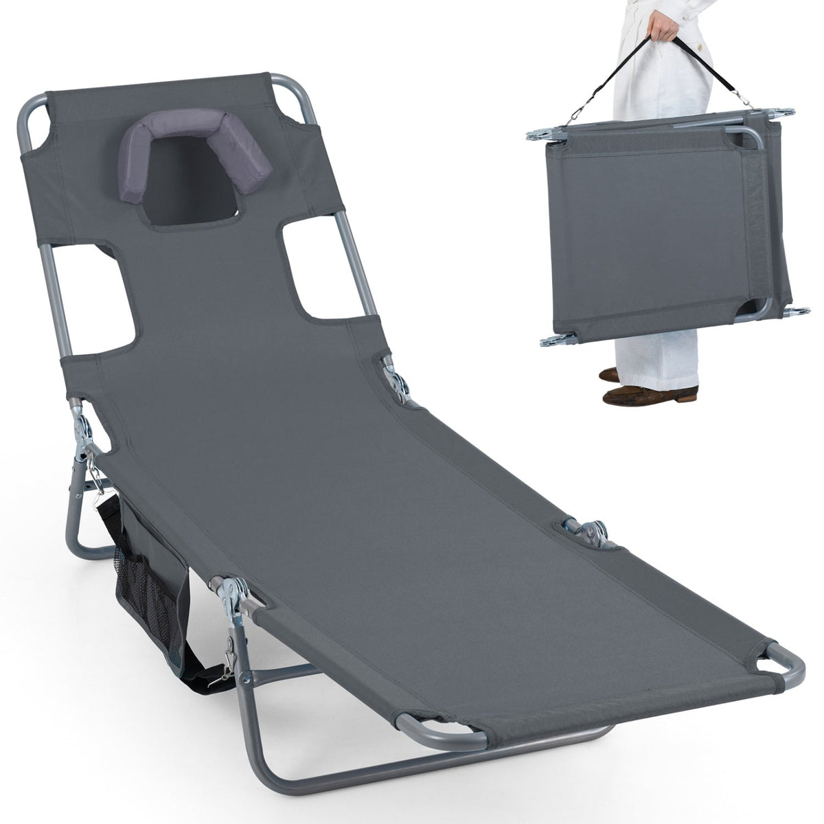 Folding Beach Lounge Chair with Adjustable Backrest for Lawn