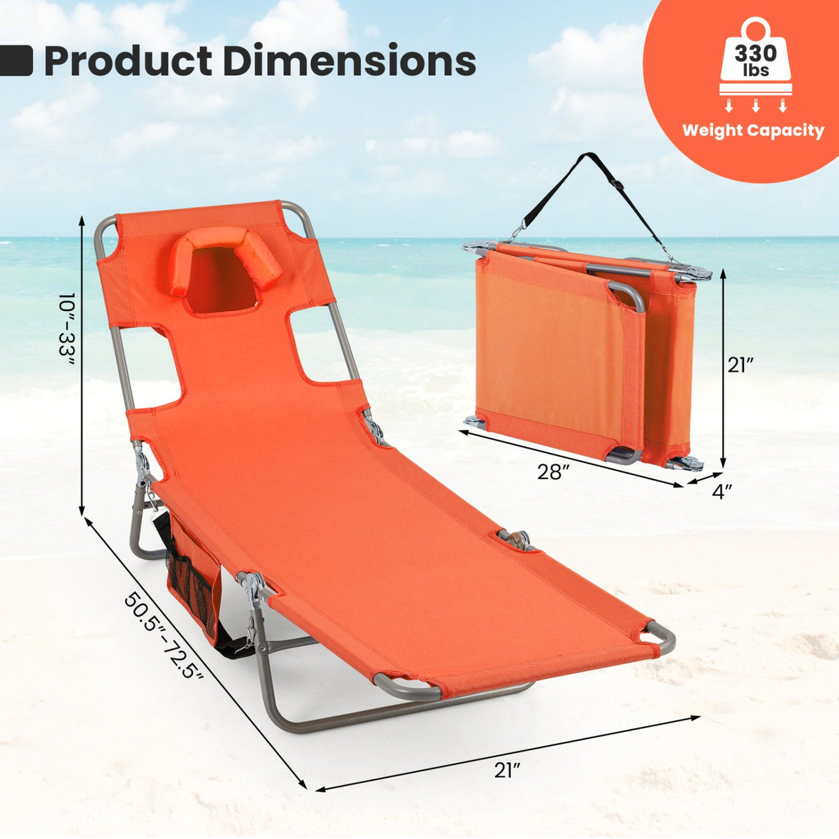 Folding Beach Lounge Chair with Adjustable Backrest for Lawn