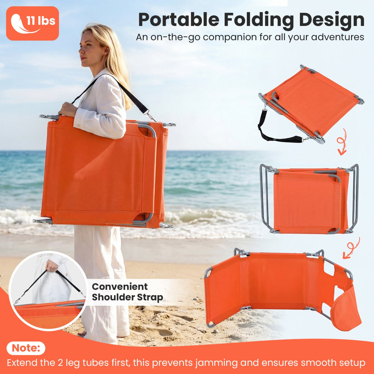 Folding Beach Lounge Chair with Adjustable Backrest for Lawn