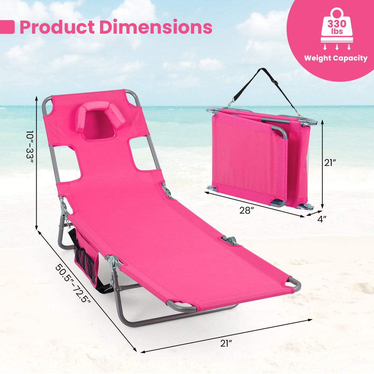 Folding Beach Lounge Chair with Adjustable Backrest for Lawn