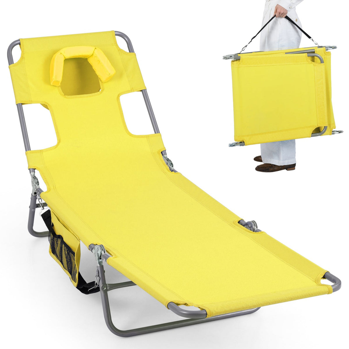 Folding Beach Lounge Chair with Adjustable Backrest for Lawn