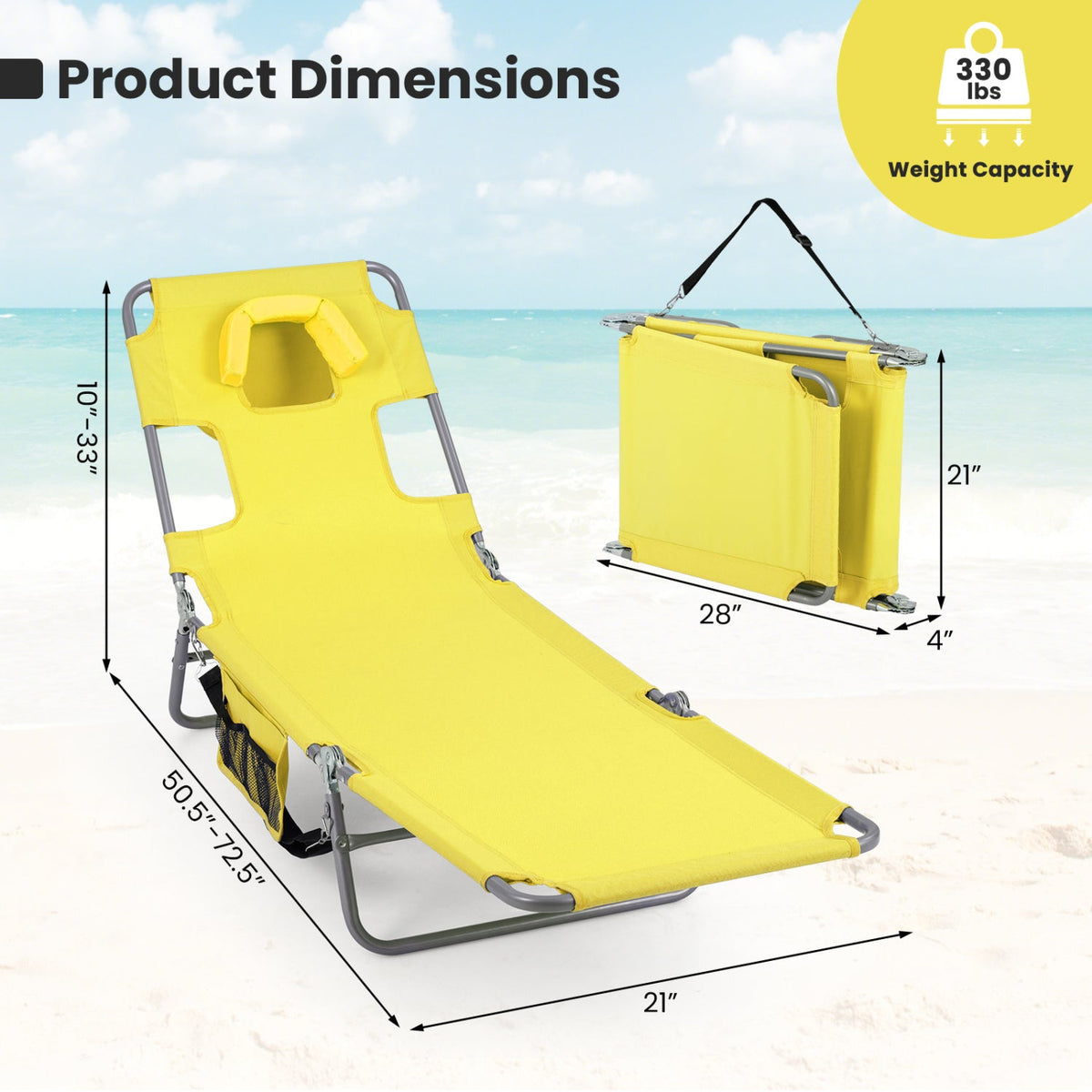 Folding Beach Lounge Chair with Adjustable Backrest for Lawn