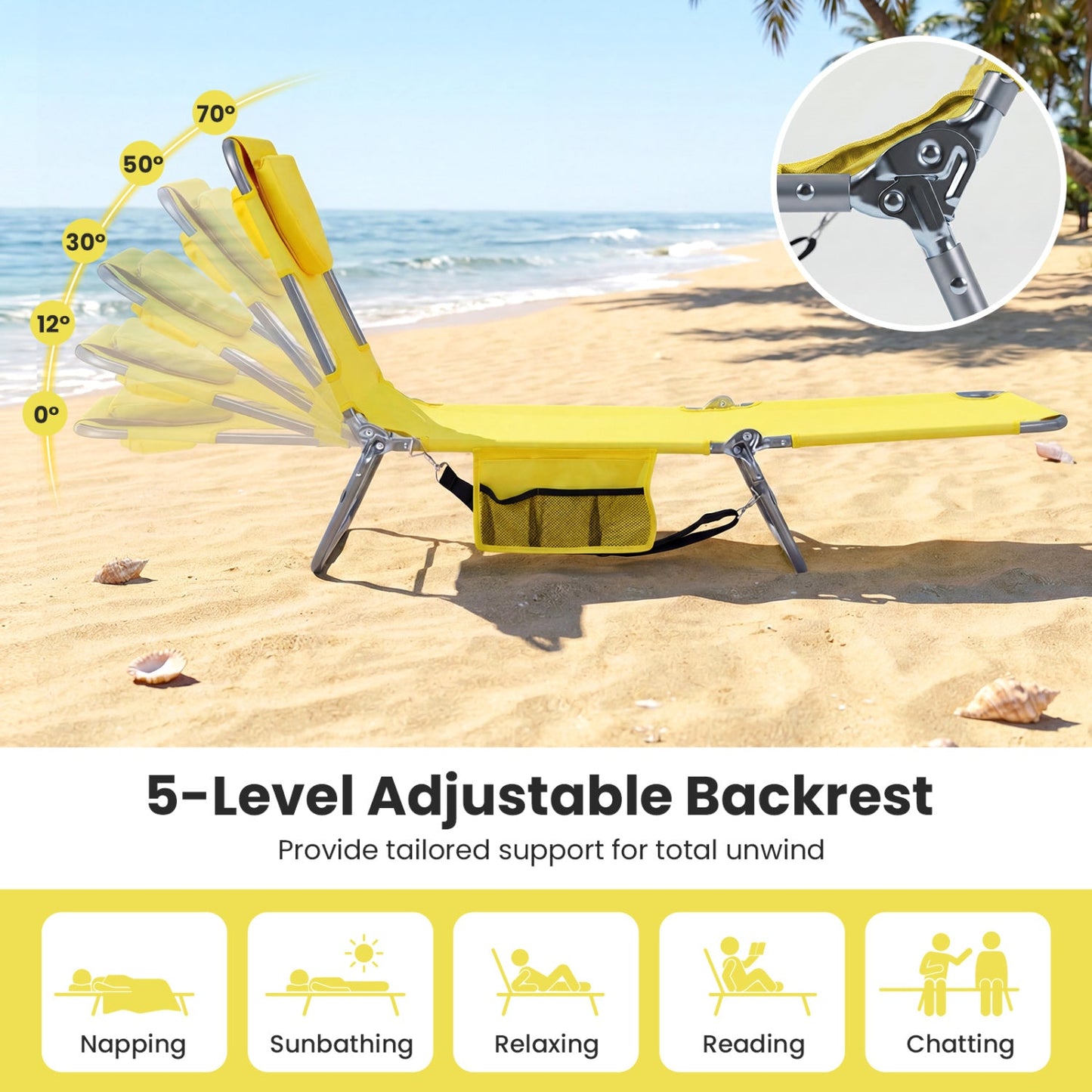 Folding Beach Lounge Chair with Adjustable Backrest for Lawn
