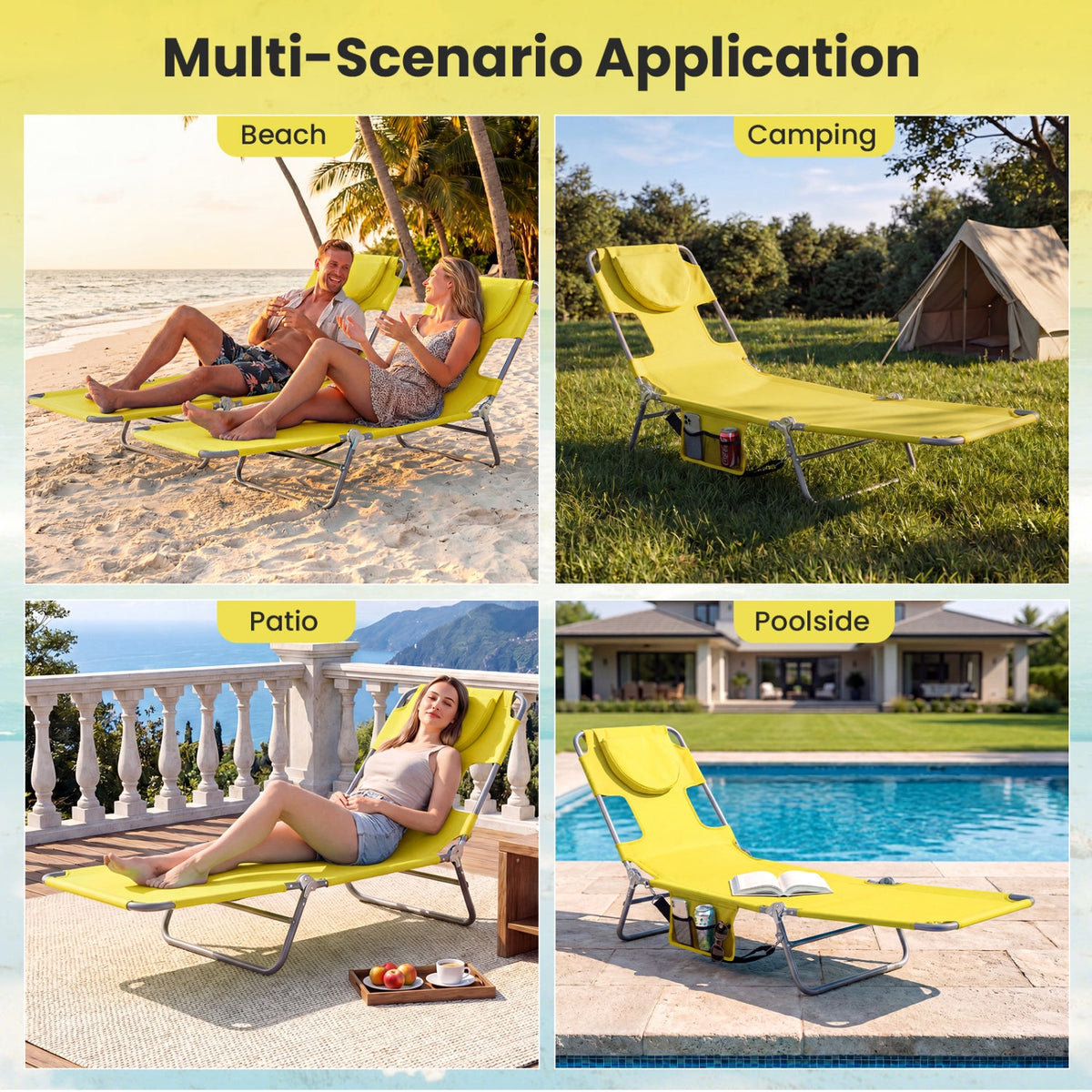 Folding Beach Lounge Chair with Adjustable Backrest for Lawn