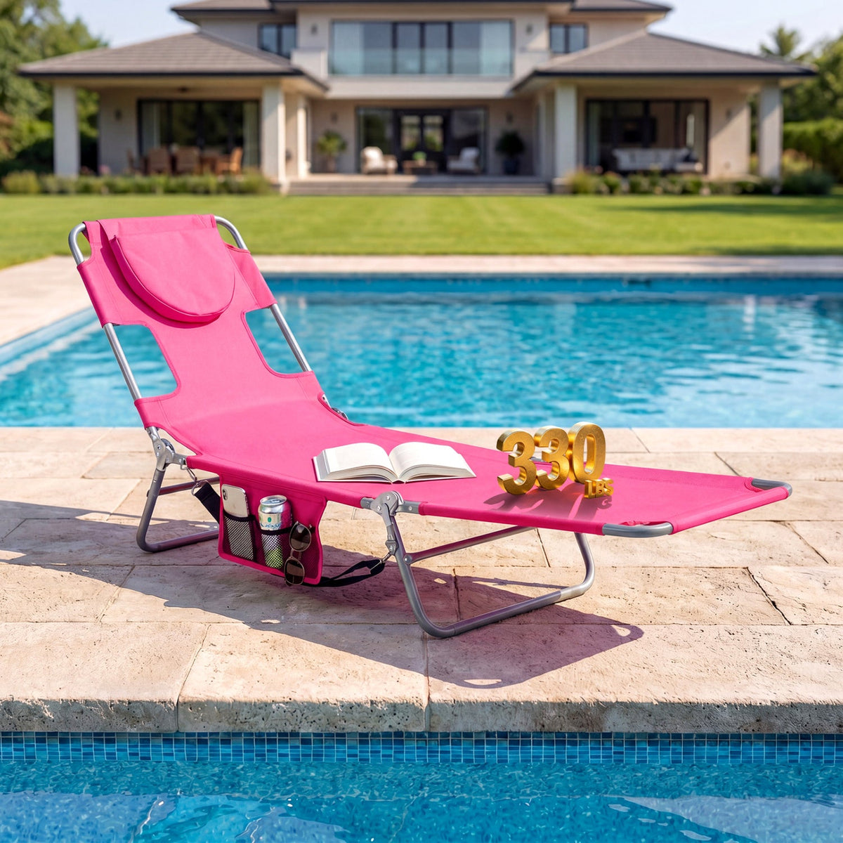 Folding Beach Lounge Chair with Adjustable Backrest for Lawn