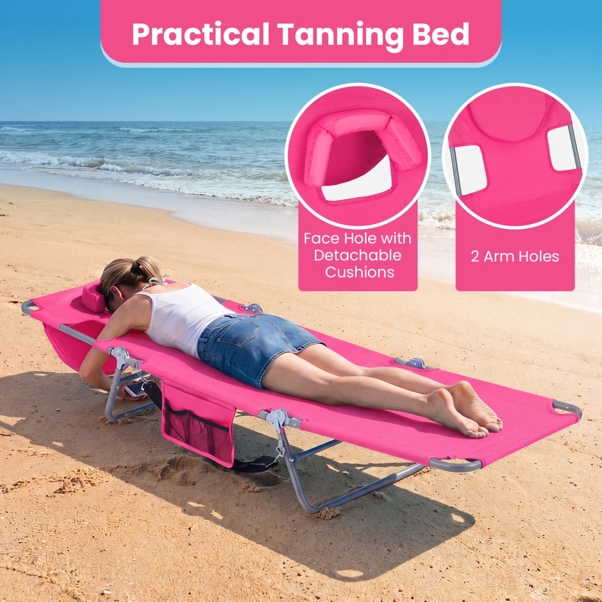 Folding Beach Lounge Chair with Adjustable Backrest for Lawn
