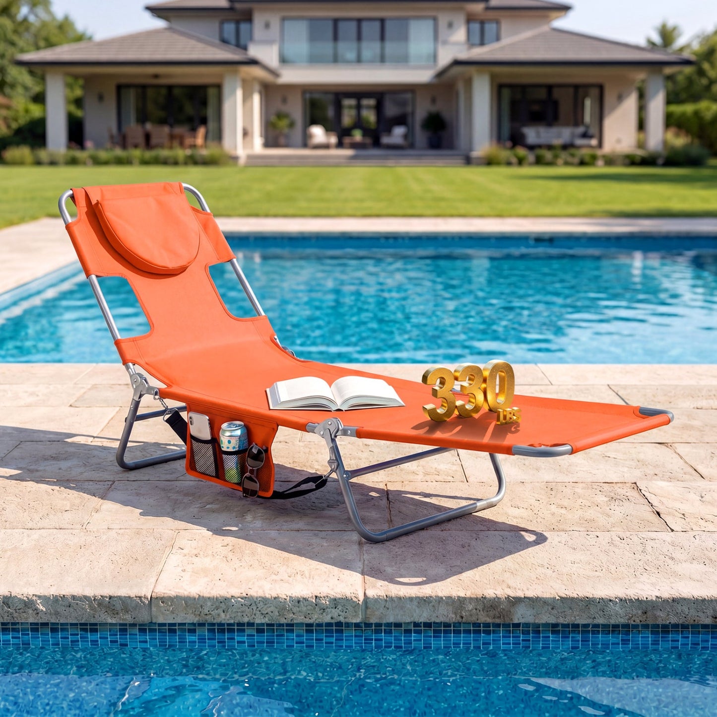Folding Beach Lounge Chair with Adjustable Backrest for Lawn