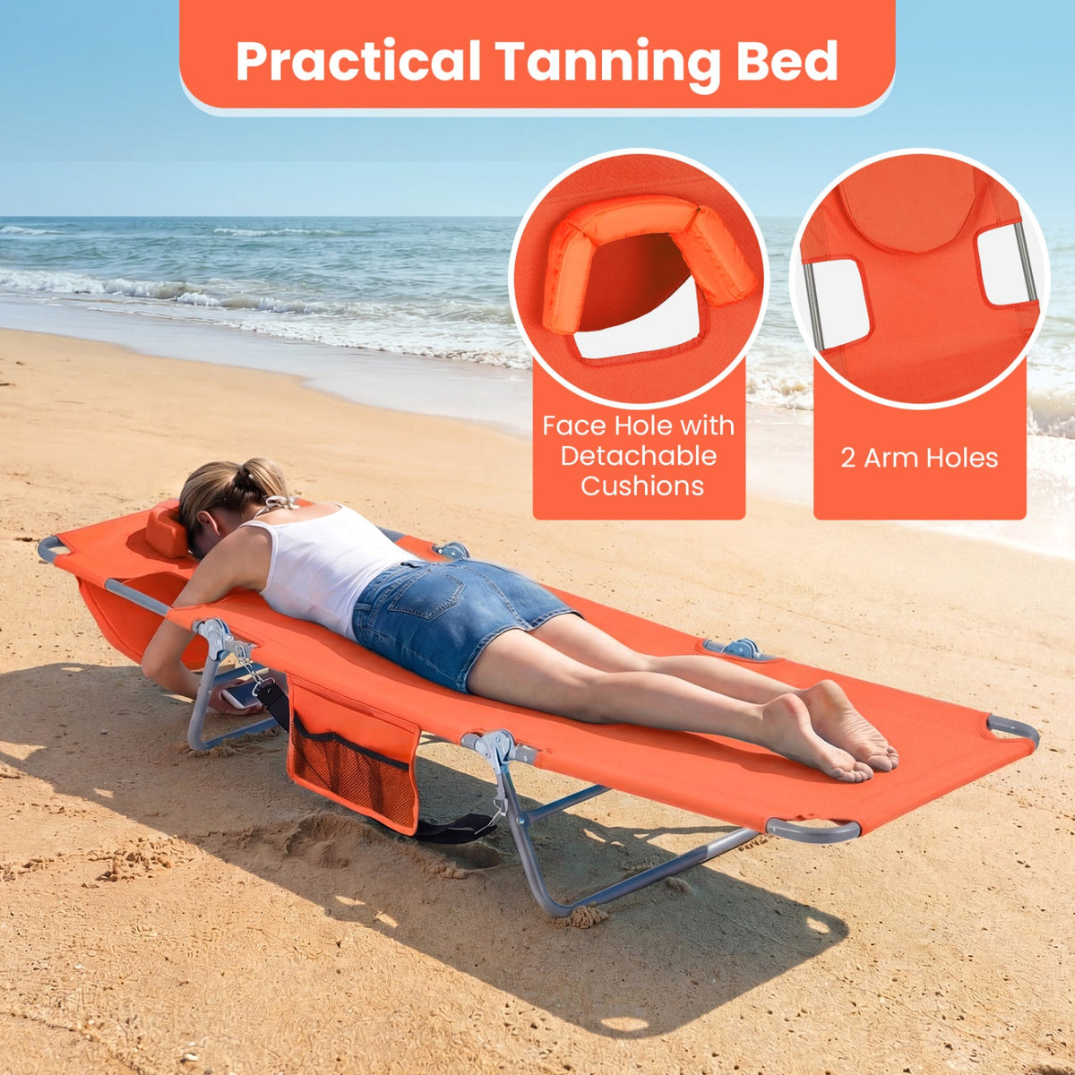 Folding Beach Lounge Chair with Adjustable Backrest for Lawn