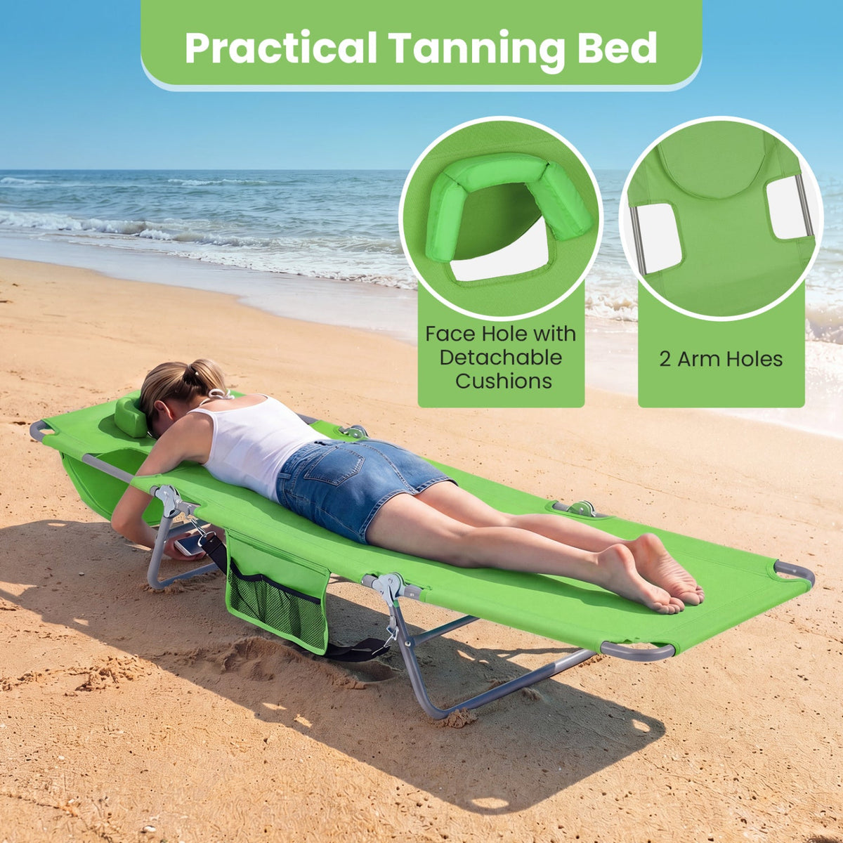 Folding Beach Lounge Chair with Adjustable Backrest for Lawn