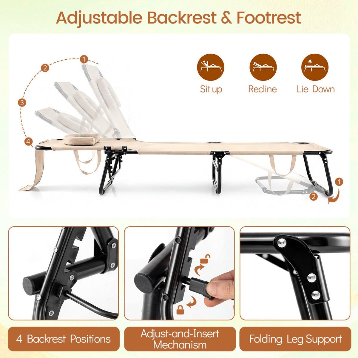 Folding Face Down Tanning Chair with Face Hole 3 Removable Pillows