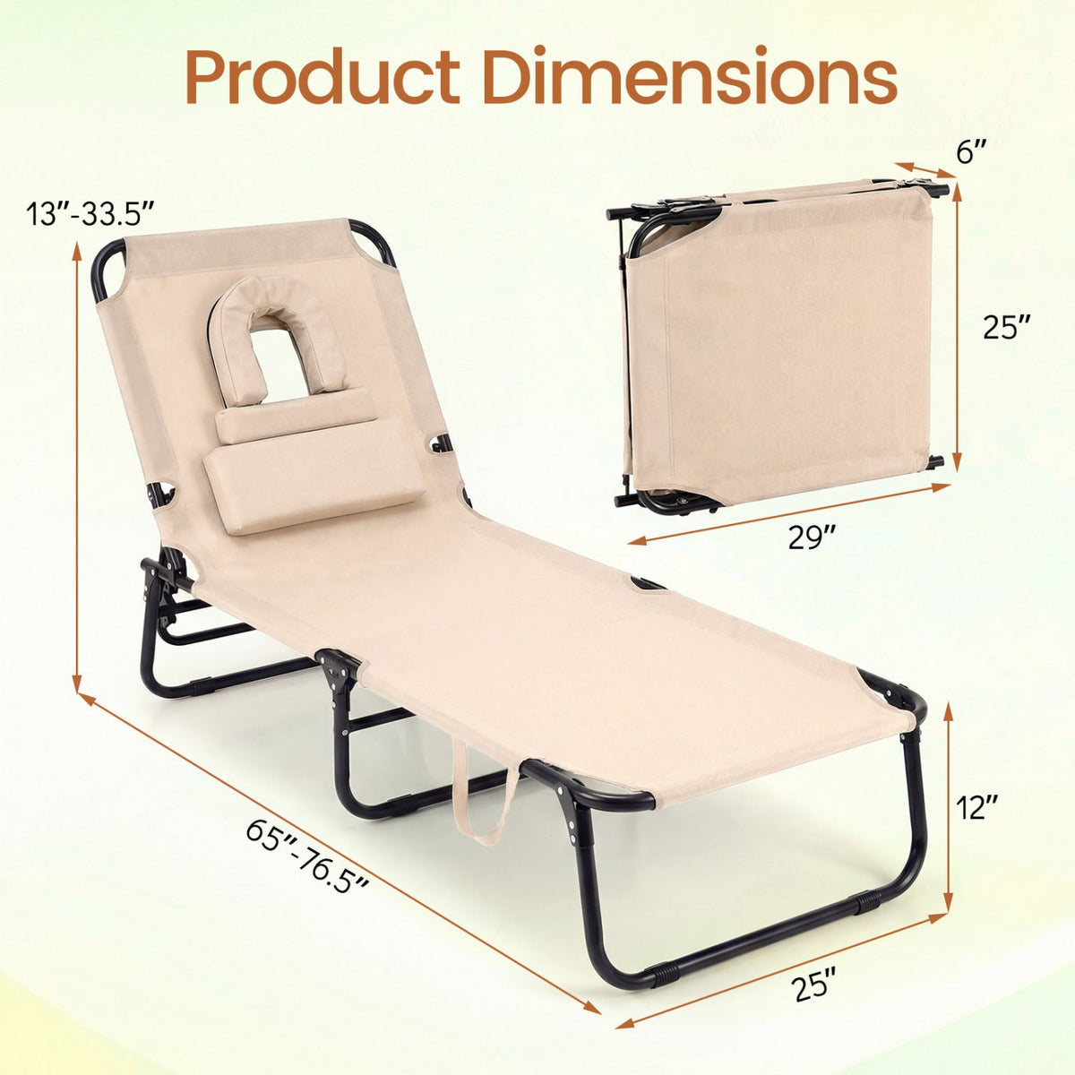 Folding Face Down Tanning Chair with Face Hole 3 Removable Pillows