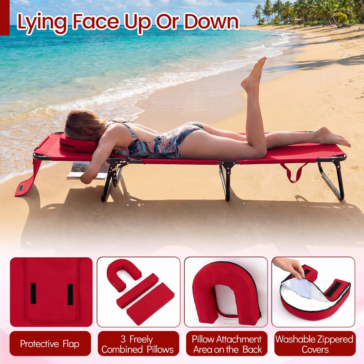 Folding Face Down Tanning Chair with Face Hole 3 Removable Pillows