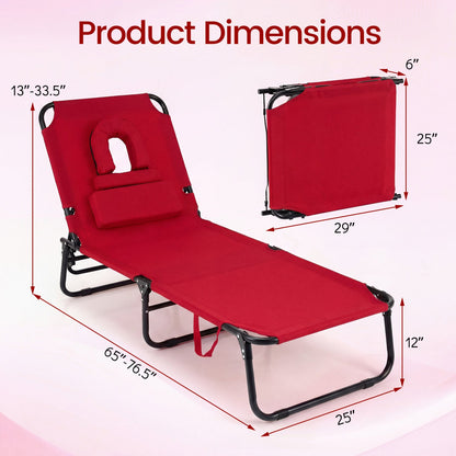 Folding Face Down Tanning Chair with Face Hole 3 Removable Pillows