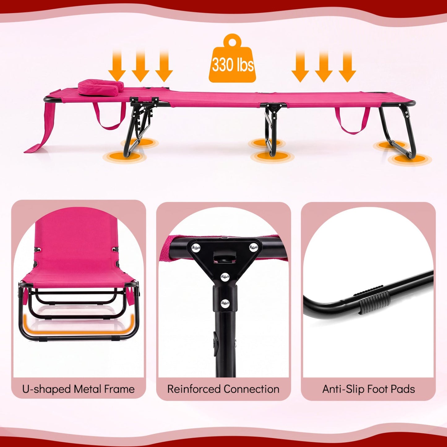 Folding Face Down Tanning Chair with Face Hole 3 Removable Pillows
