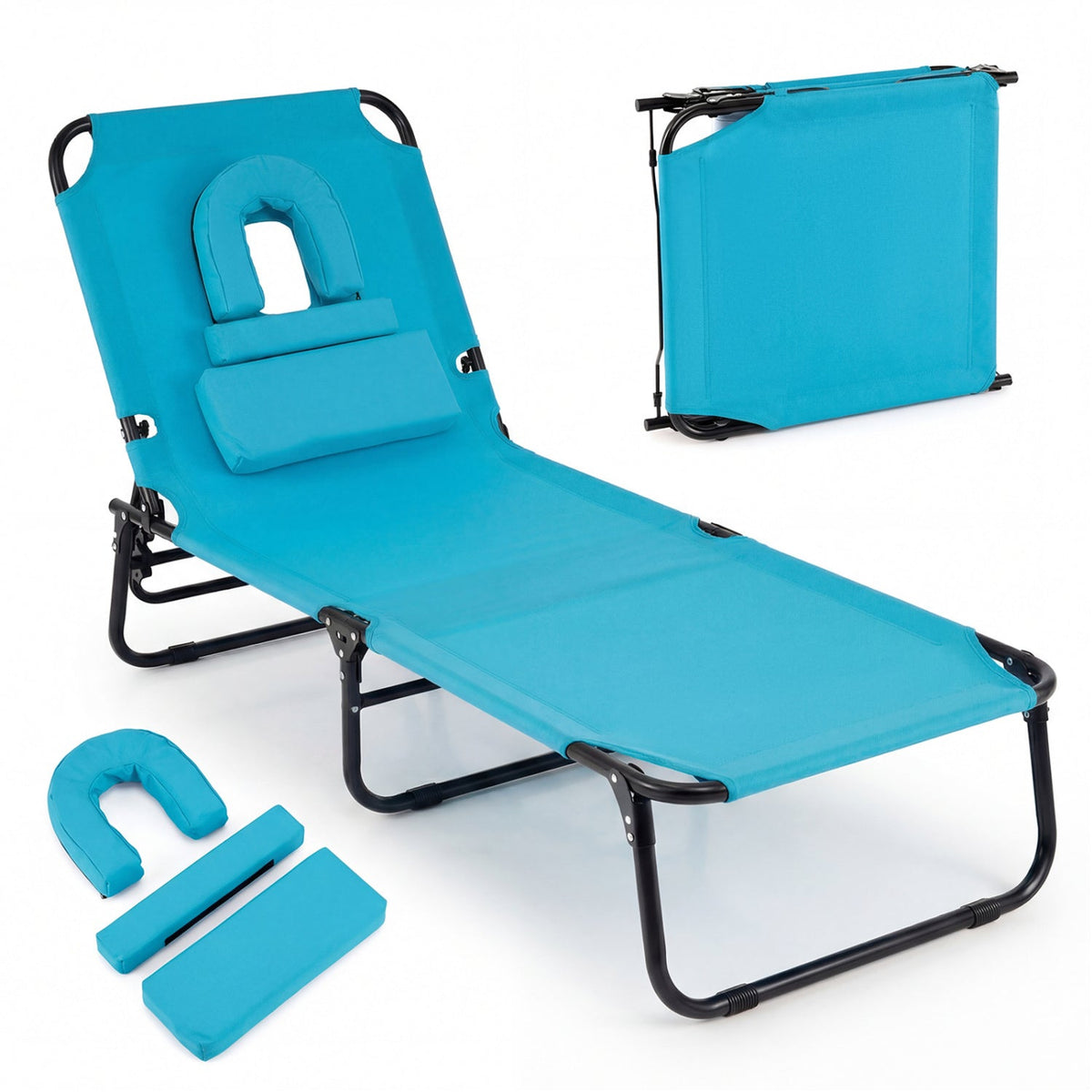 Folding Face Down Tanning Chair with Face Hole 3 Removable Pillows