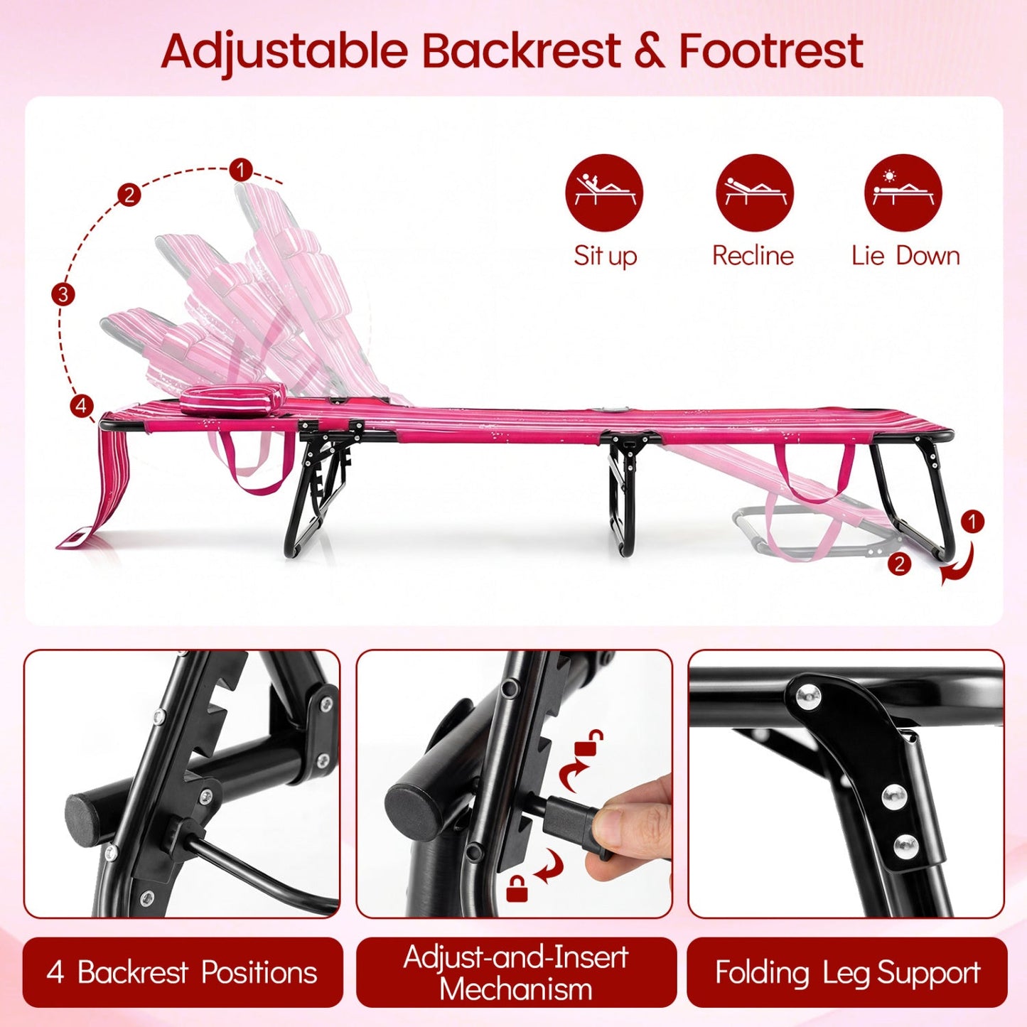 Folding Face Down Tanning Chair with Face Hole 3 Removable Pillows