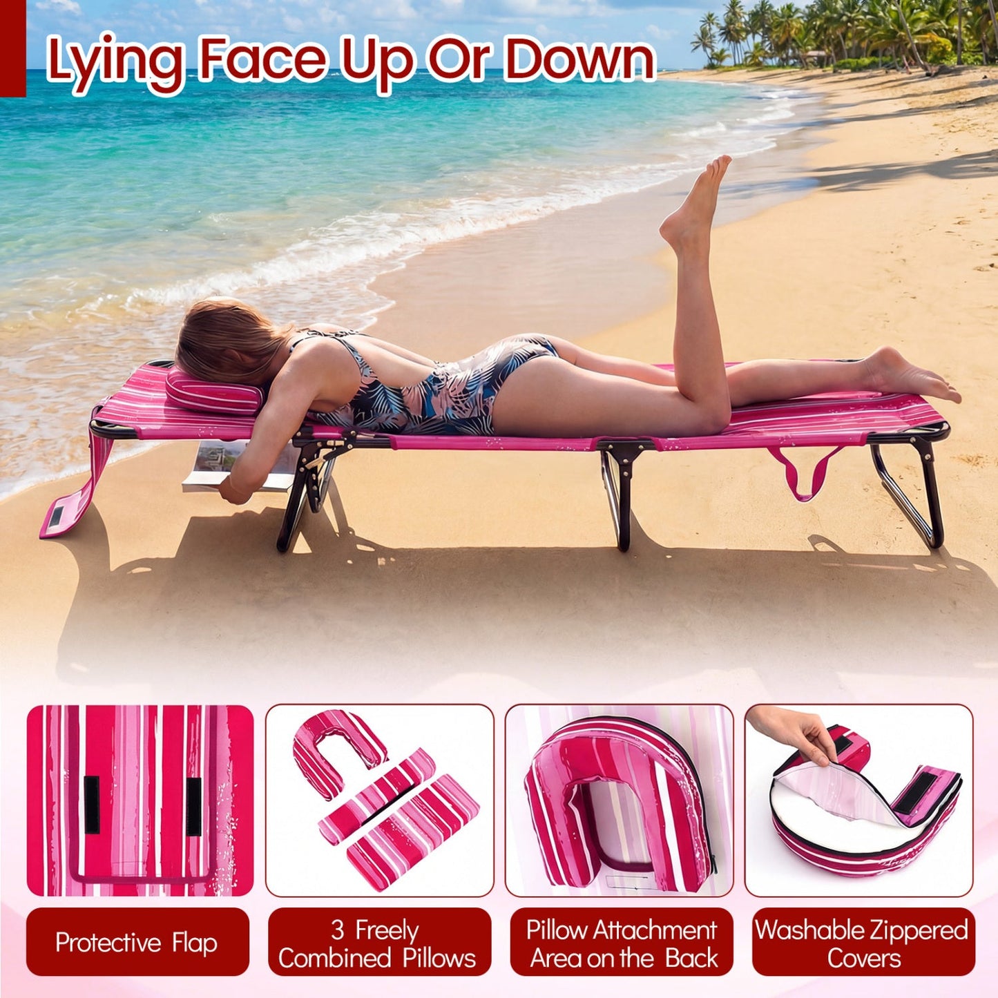 Folding Face Down Tanning Chair with Face Hole 3 Removable Pillows