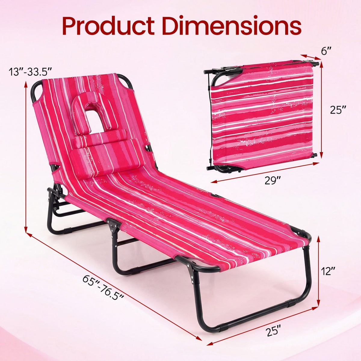 Folding Face Down Tanning Chair with Face Hole 3 Removable Pillows