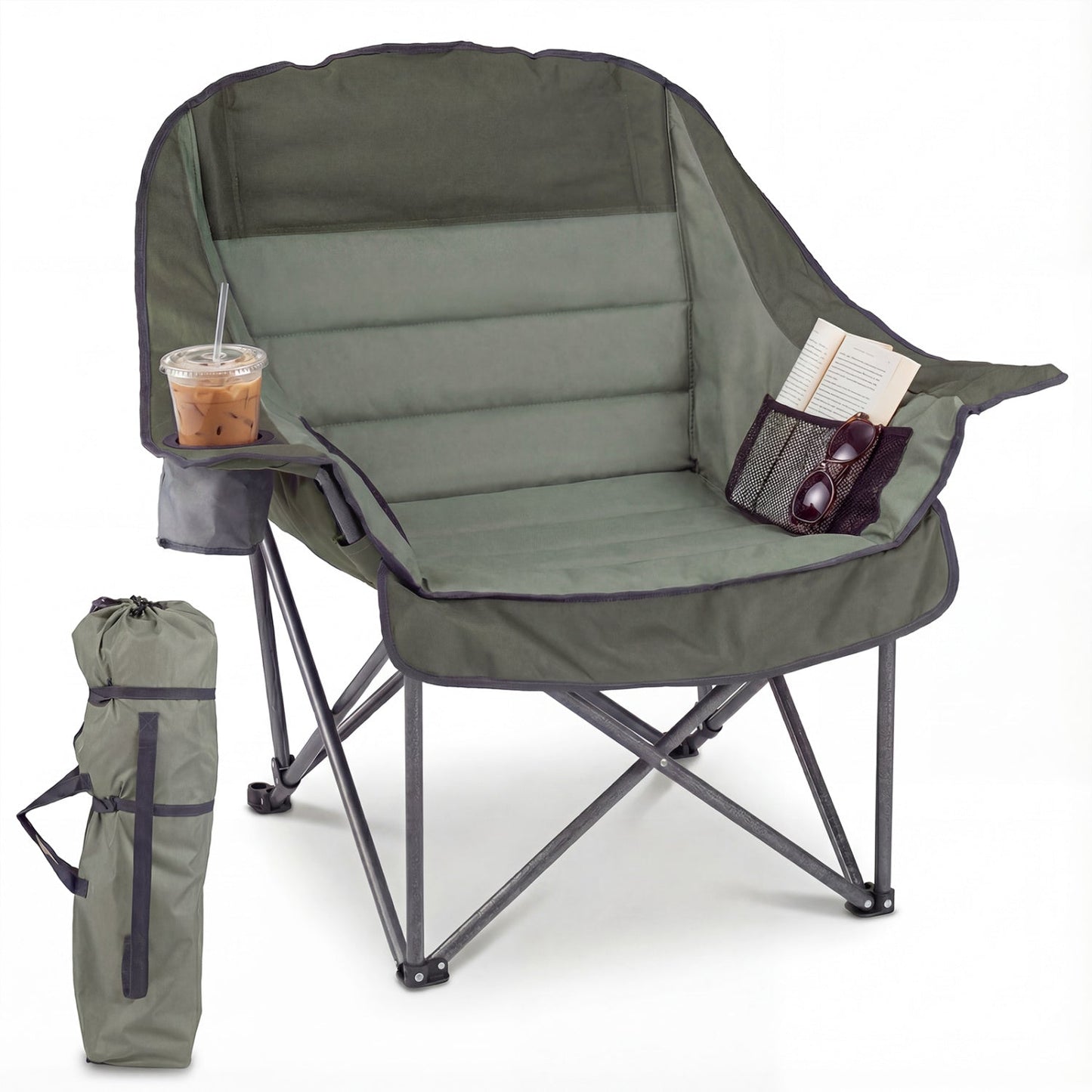 Folding Oversized Camping Chair with Side Pockets and Cup Holder