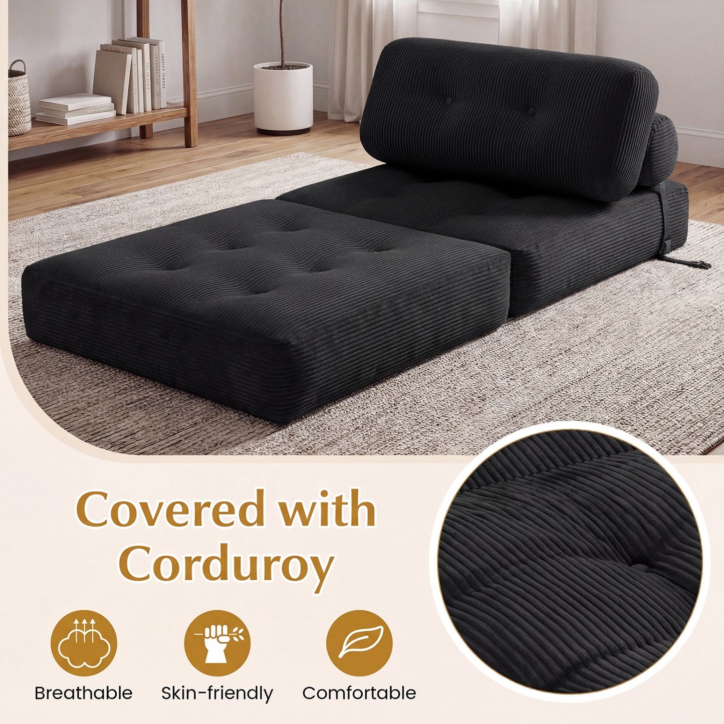 Folding Sofa Bed with Pillow and Back Support for Living Room