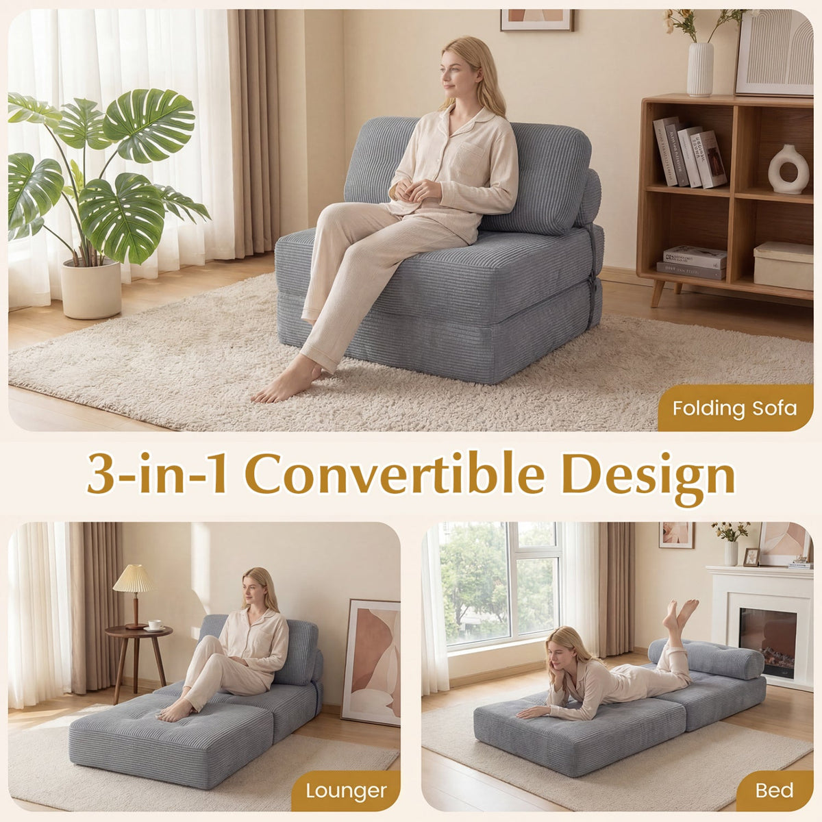 Folding Sofa Bed with Pillow and Back Support for Living Room