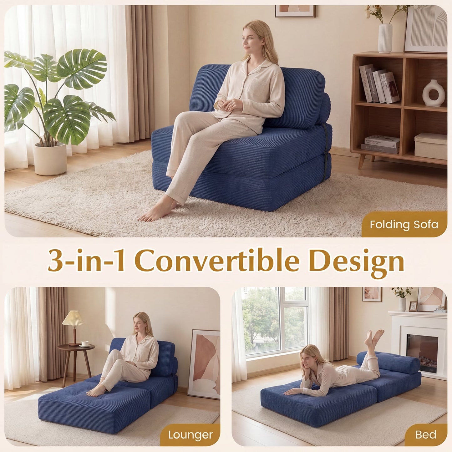 Folding Sofa Bed with Pillow and Back Support for Living Room