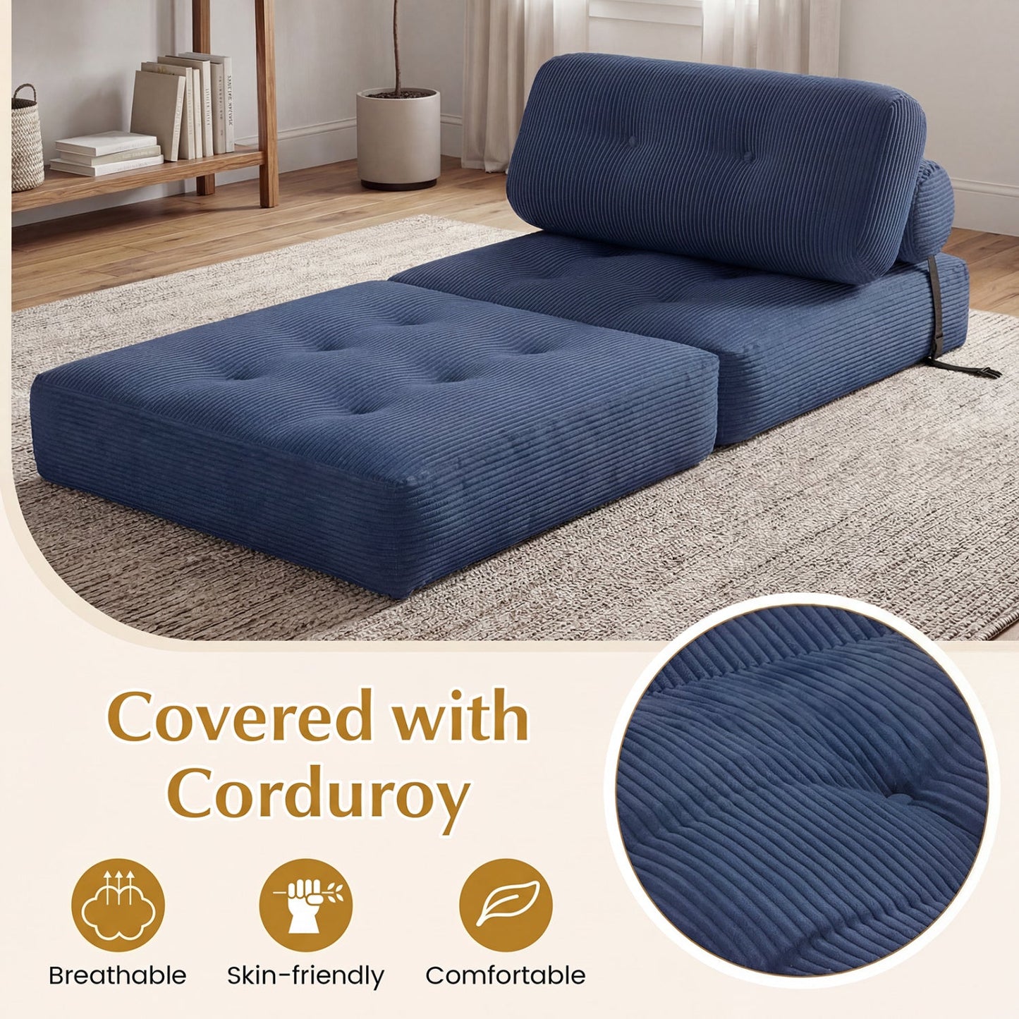 Folding Sofa Bed with Pillow and Back Support for Living Room