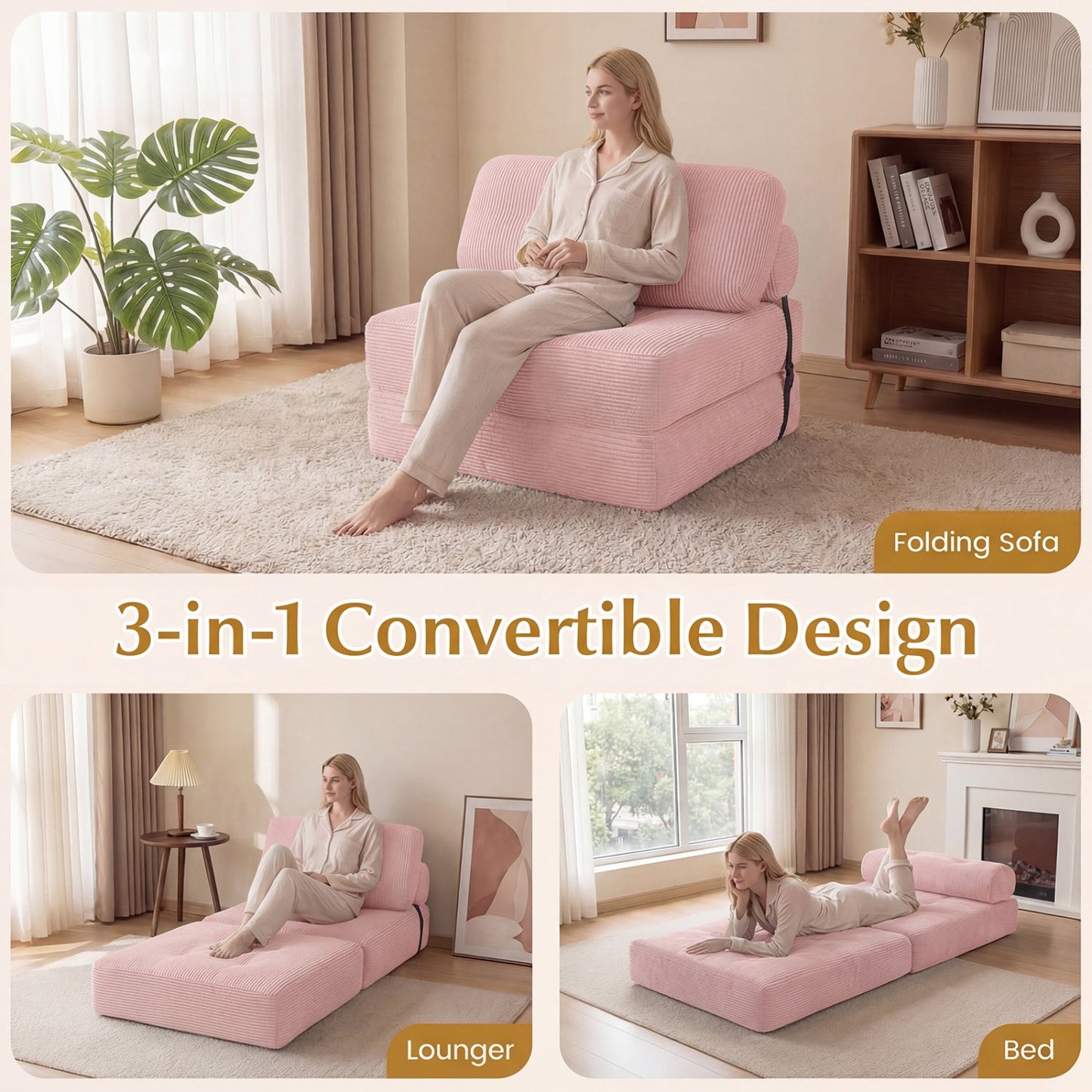 Folding Sofa Bed with Pillow and Back Support for Living Room