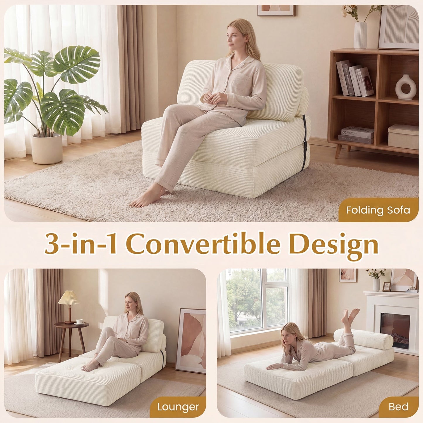 Folding Sofa Bed with Pillow and Back Support for Living Room