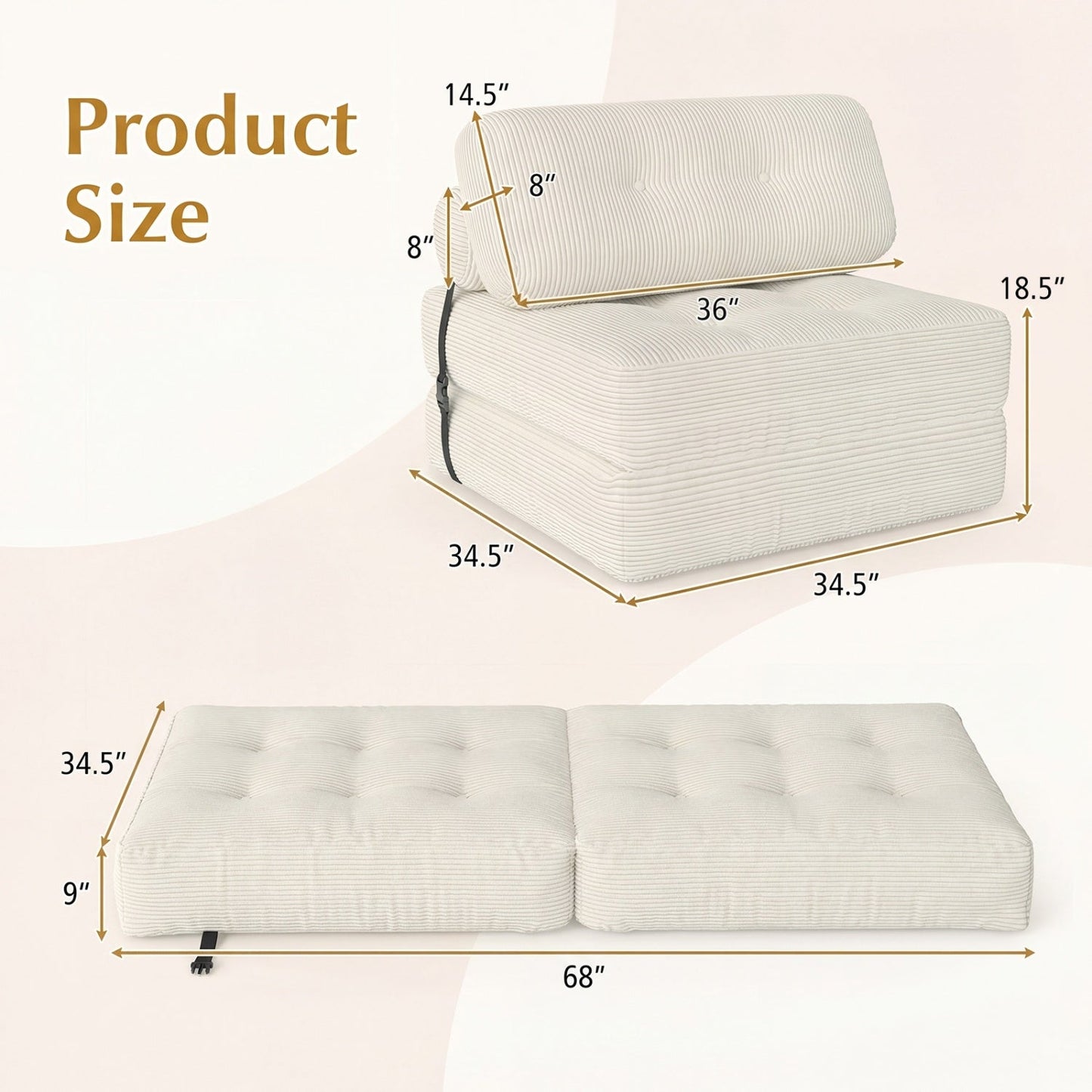 Folding Sofa Bed with Pillow and Back Support for Living Room