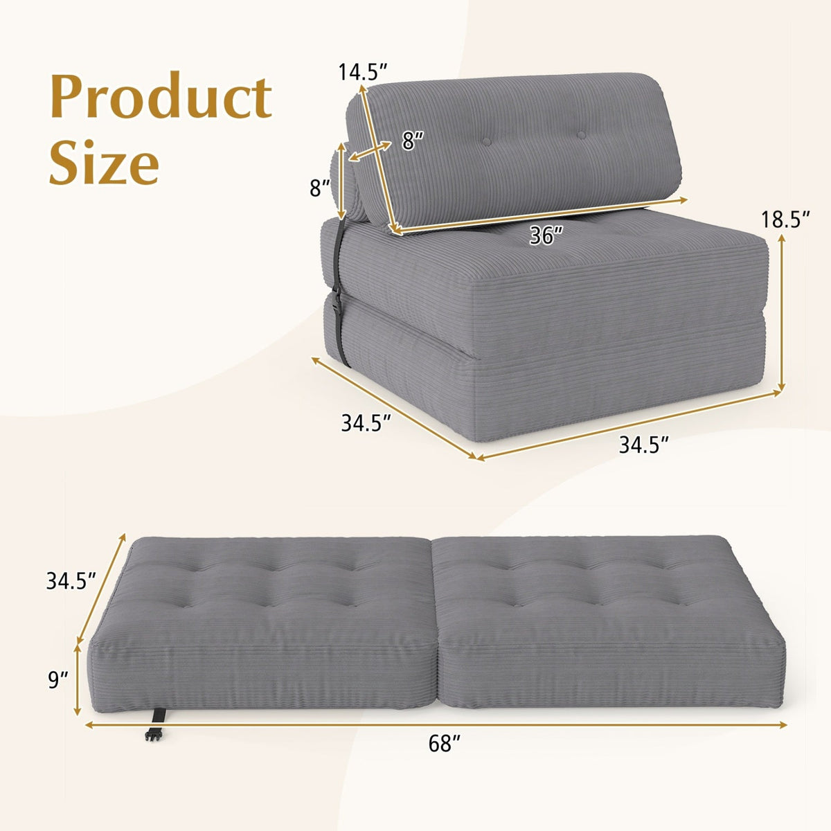 Folding Sofa Bed with Pillow and Back Support for Living Room