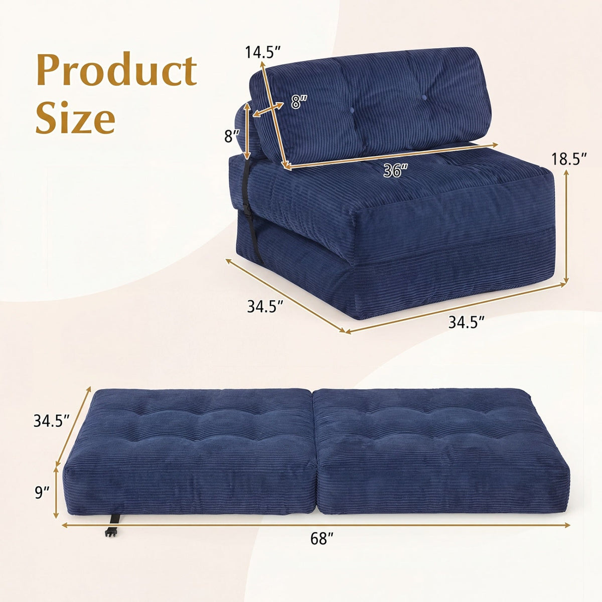 Folding Sofa Bed with Pillow and Back Support for Living Room