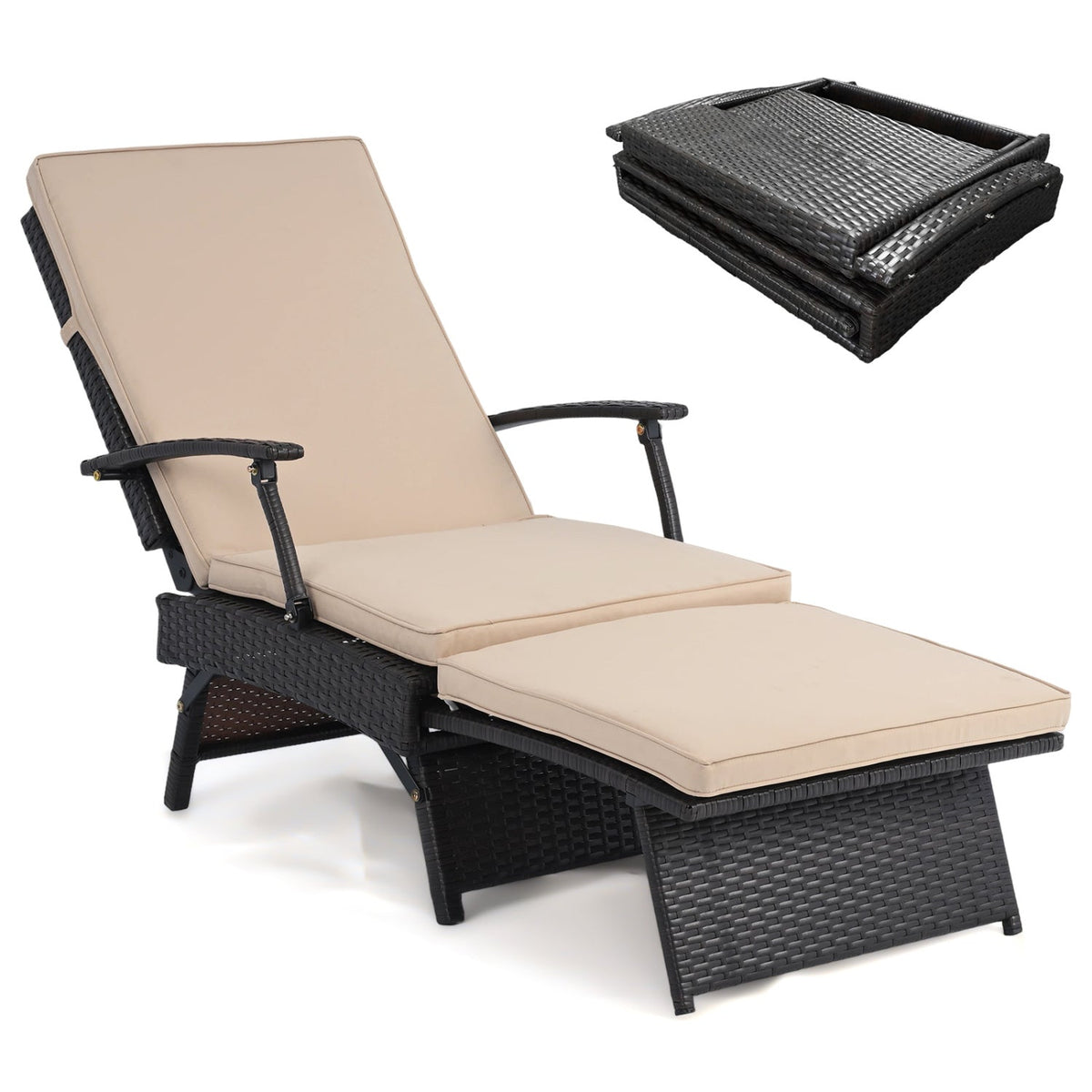 Folding Wicker Chaise Lounge with Adjustable Backrest & Ottoman