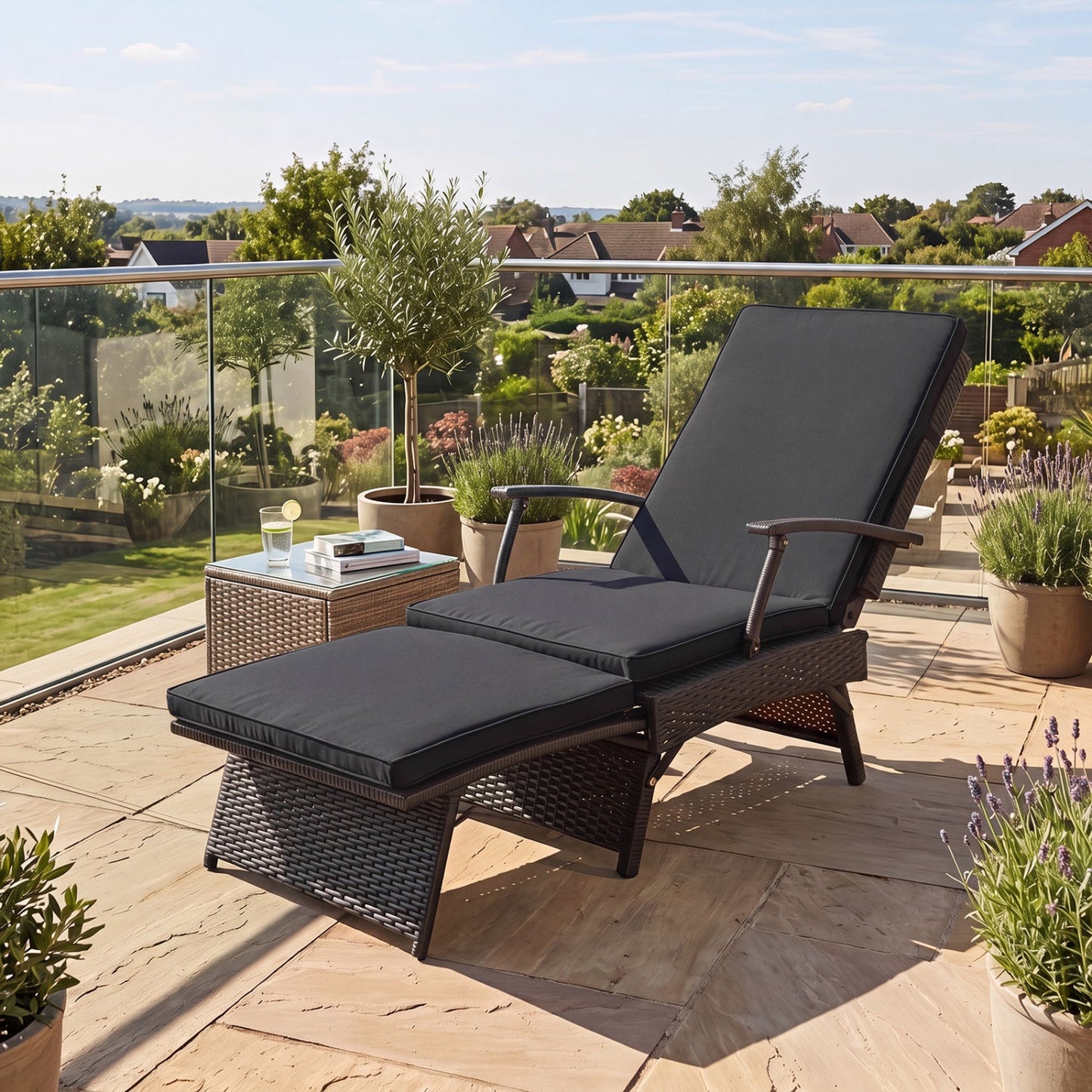 Folding Wicker Chaise Lounge with Adjustable Backrest & Ottoman