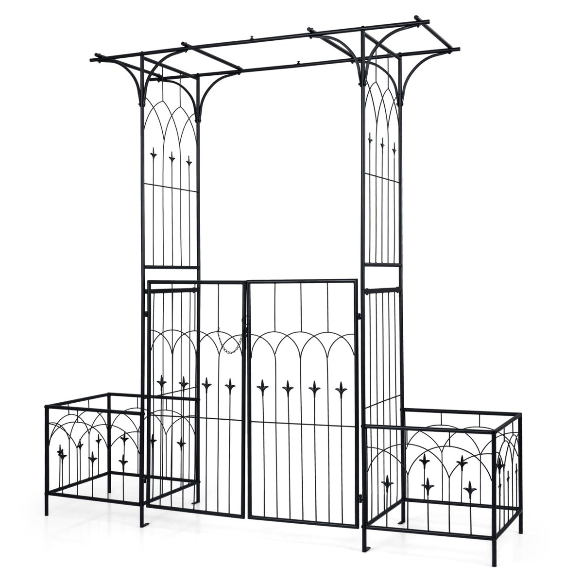 Garden Arbor with Gate and Planter Boxes Heavy Duty Metal Arch with Side Trellis