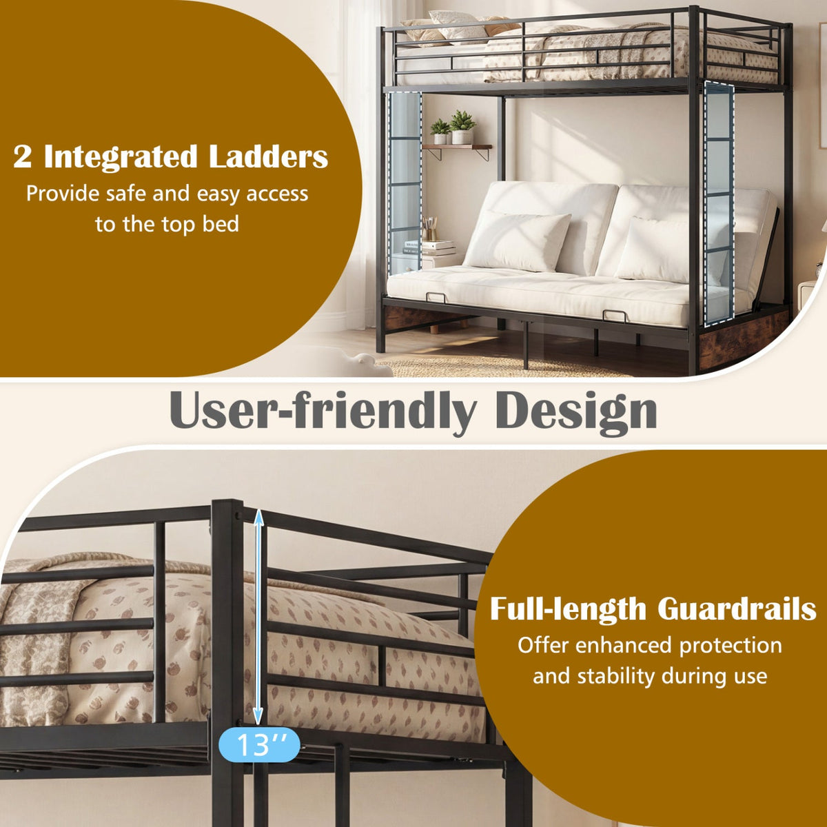 Heavy Duty Metal Bunk Bed Frame with Headboard and Footboard