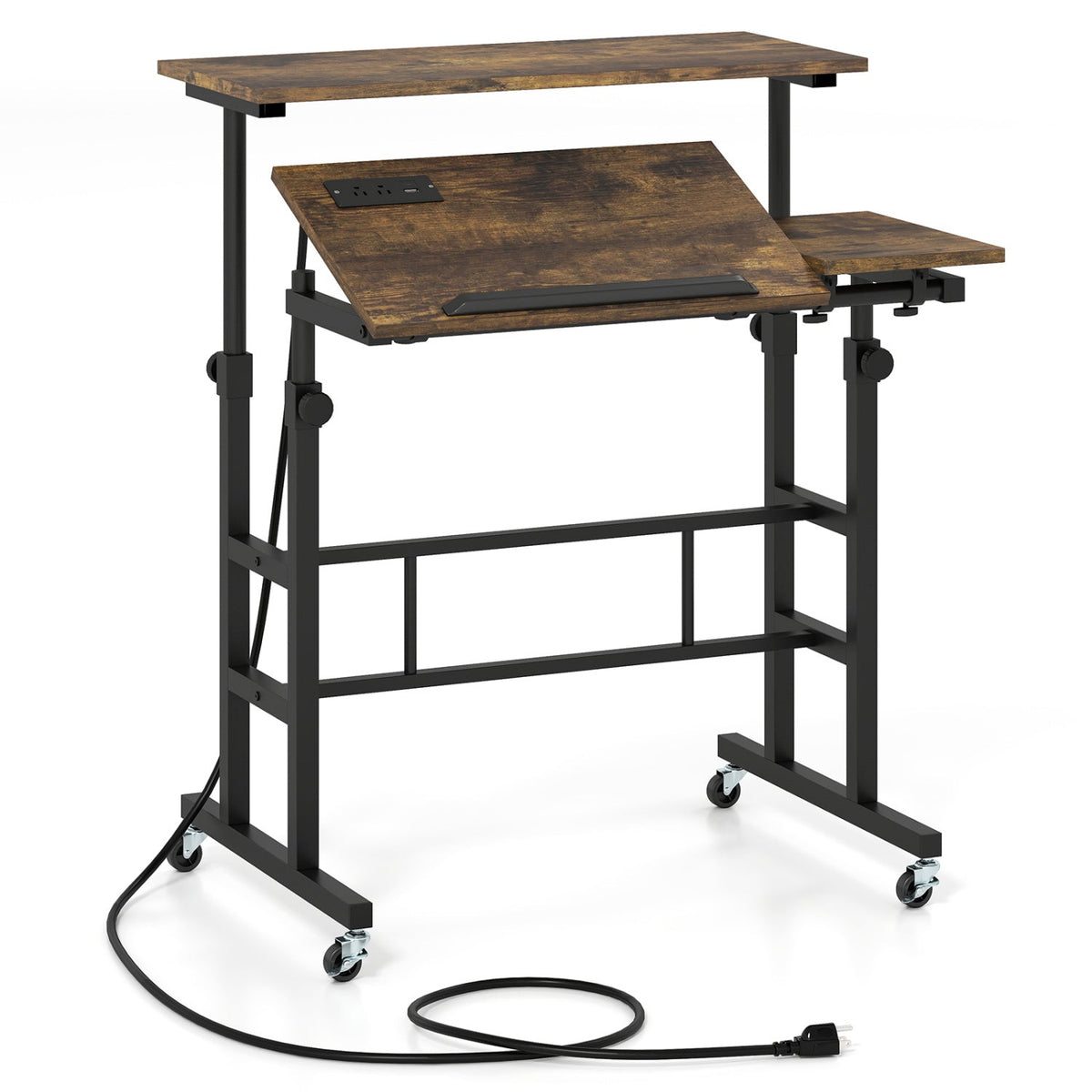 Mobile Standing Desk with Power Outlets & Adjustable Height